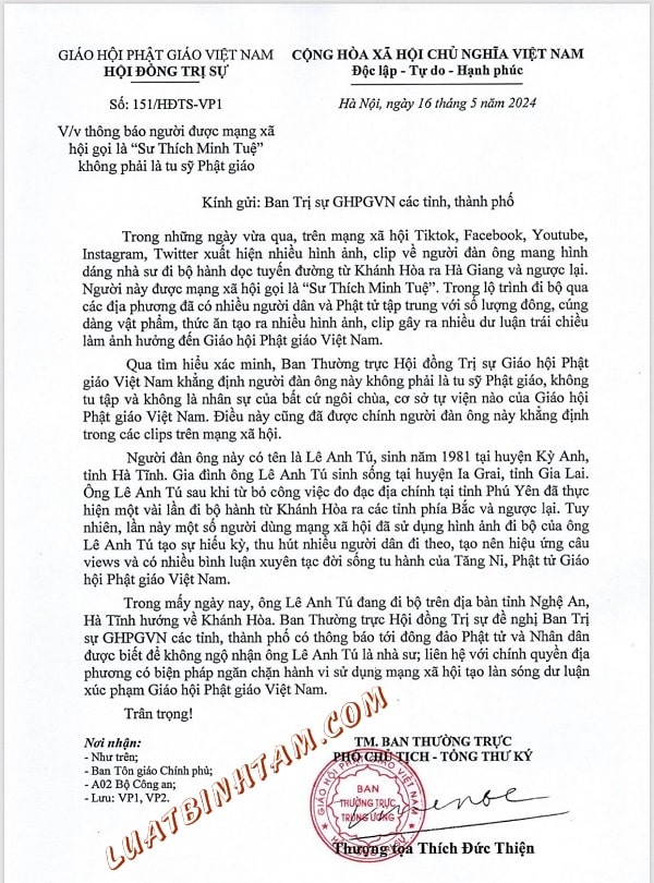 Công văn của giáo hội phật giáo về sư thày Thích Minh Tuệ